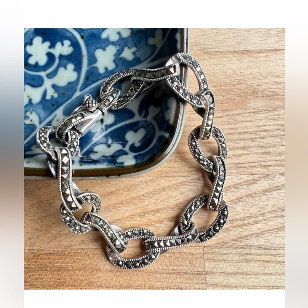 Vintage 925 Sterling silver marcasite open link bracelet Art Deco